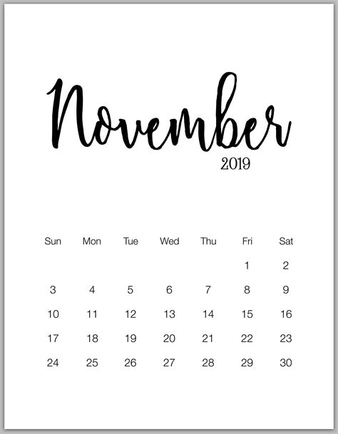 november 2019 minimalist calendar | Minimalist calendar, Calendar printables, September calendar