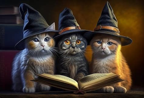 Premium AI Image | Three cats in witches' hats reading a book AI Generated