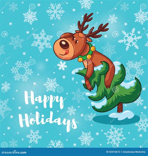 Happy Holidays Card with Cute Cartoon Deers Stock Vector - Illustration ...