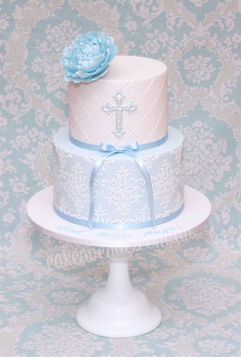 Elegant Blue Peony Christening Cake … | Christening cake boy, Baptism ...