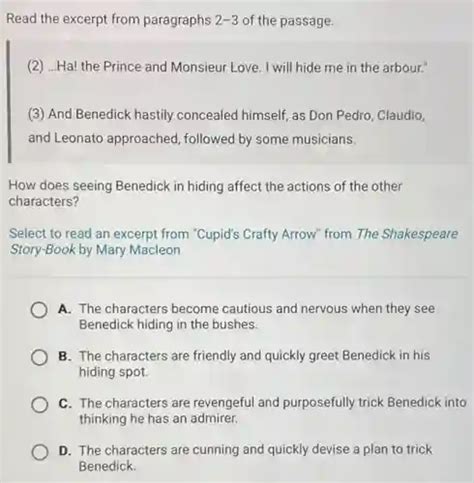 read the excerpt paragraphs 2-3 of the passage. (2) ...ha! the prince monsieur love. i will hide ...