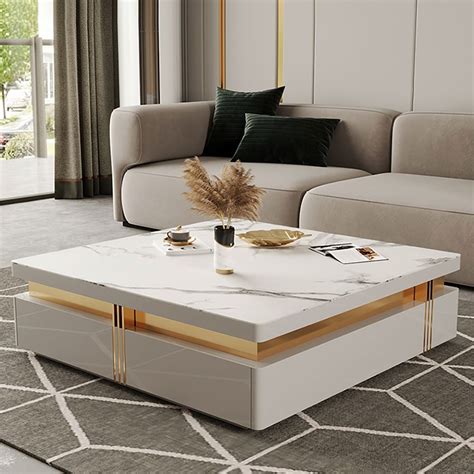 1100mm Modern Square Storage Coffee Table Center Table Stone Top & Wood Drawers