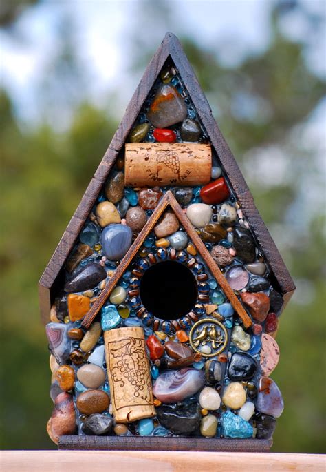 Mosaic Garden Birdhouse with colorful stones and Wine corks