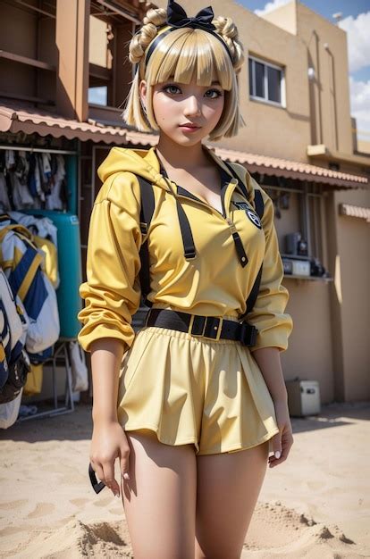 Premium AI Image | A girl in a yellow outfit with a black belt and a yellow top.