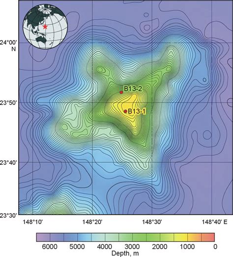 Bathymetric map of Seth Guyot (http://earthref.org), with locations of... | Download Scientific ...