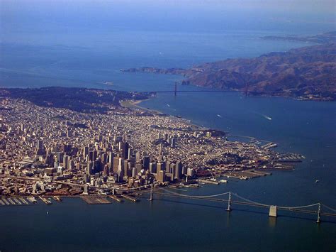 An aerial view of San Francisco, CA, including the Golden Gate Bridge ...