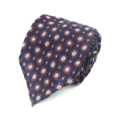 Untipped Hand Rolled Wool Tie – Navy w/ Brown Details Medallion