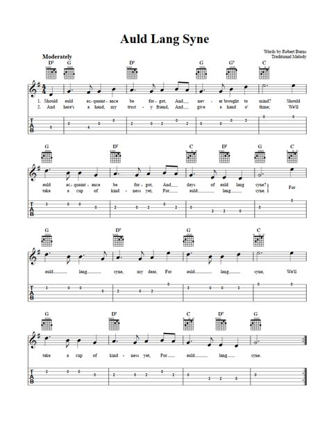 Auld Lang Syne - Easy Guitar Sheet Music and Tab with Chords and Lyrics