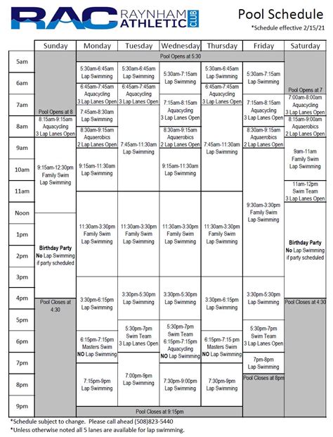 Swimming Pool Schedule - Raynham Athletic Club