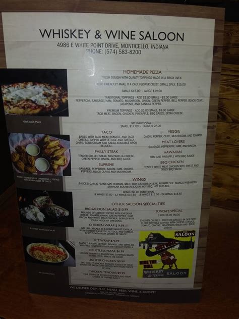 Menu at Whiskey & Wine Saloon pub & bar, Monticello