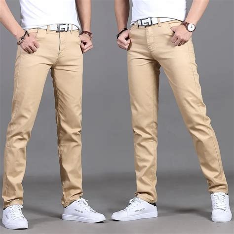 Casual Men Pants Cotton Slim Straight Pant Trousers Fashion Business Lightweight Solid Khaki ...