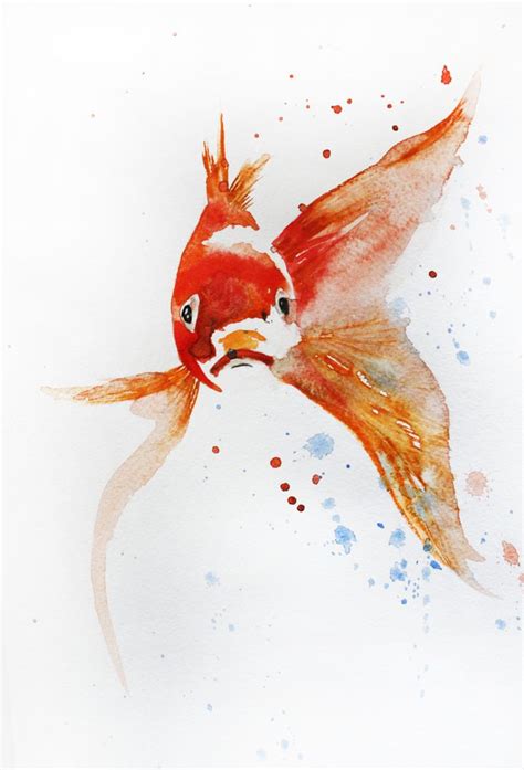 Sale ORIGINAL Watercolor Painting, little Koi Fish, Gold Fish, Sea Goldfish, Girt for her, red ...