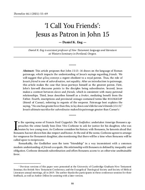 (PDF) ‘I Call You Friends’: Jesus as Patron in John 15, Themelios 46.1 (2021), 55-69 | Daniel K ...