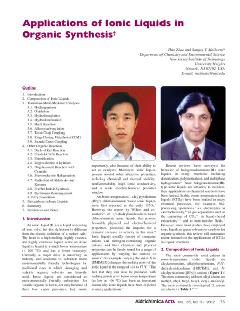 (PDF) Applications of ionic liquids in organic synthesis | Hua Zhao - Academia.edu