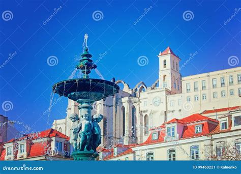 Sculptures at Fountain in Rossio Square, Lisbon, Stock Image - Image of sculptures, lisbon: 99460221