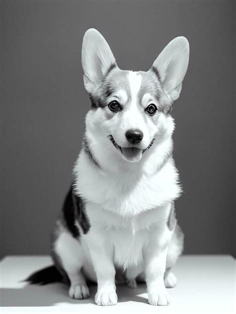 Happy Pembroke Welsh Corgi Dog Black and White Monochrome Photo in ...