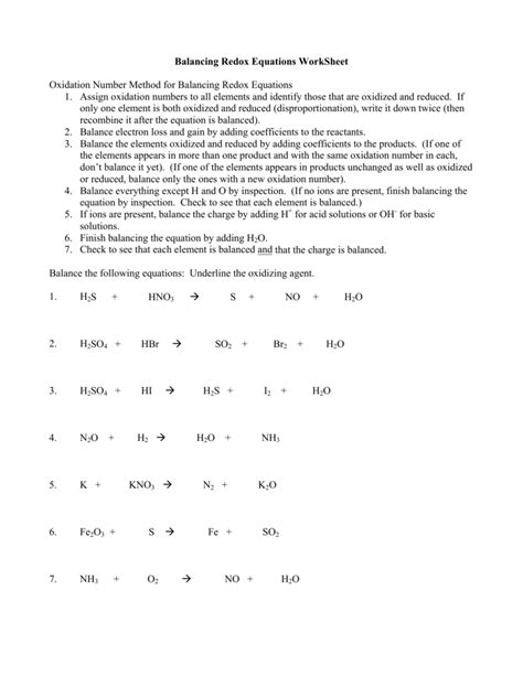 Balancing Redox Equations WorkSheet