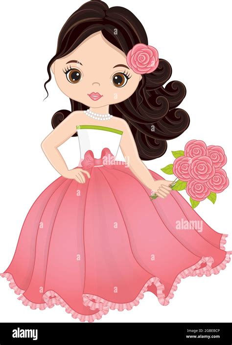 Vector Beautiful Young Girl Wearing Pastel Pink Long Dress and Holding Bouquet of Roses Stock ...