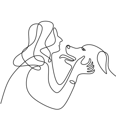 Continuous line drawing of woman happy pet lover with dog. Young female enjoy playing with her ...