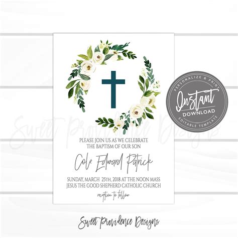 Baptism Invitation, EDITABLE Christening Invite, Floral Baptismal ...