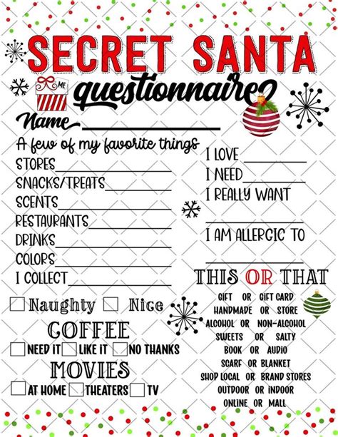 PRINTABLE Secret Santa Questionnaire Printable Shopping List Wish List Printable Present List ...