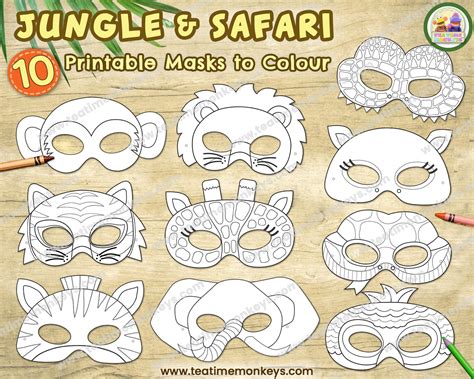 JUNGLE ANIMALS Masks for Kids Ten Printable Masks to Color - Etsy