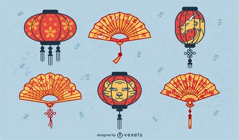 Lunar New Year Lanterns And Fans Set Vector Download