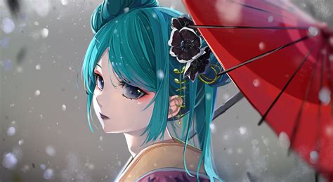 dark eyes, Merah Drow, Hatsune Miku, Japanese kimono, umbrella, kimono ...