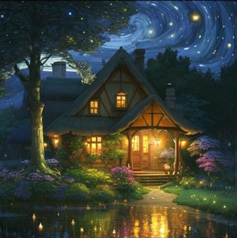 A house in the forest with fireflies and nature and Van Gogh's Starry ...