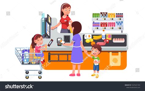 Mother Two Kids Buying Groceries Supermarket Stock Vector (Royalty Free ...