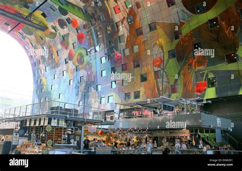 Colourful interior of the Rotterdamse Markthal (Rotterdam Market hall), at Blaak square Stock ...