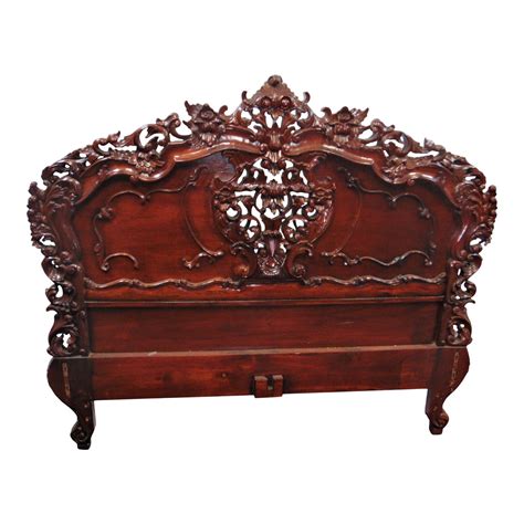 Victorian Style Floral Carved Mahogany Queen Size Headboard | Chairish