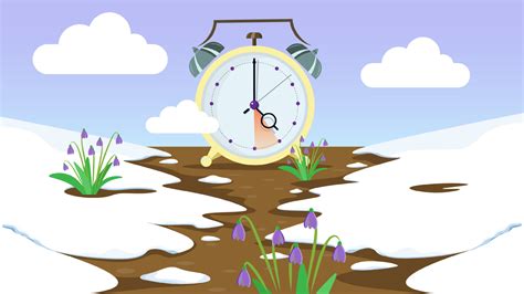 Daylight saving time banner. Clocks move forward. Squill flowers blossom and melting snow ...