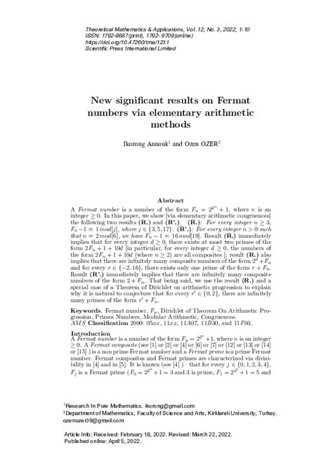 (PDF) Let us look on Fermat numbers and on numbers linked to Fermat numbers | Ozen Ozer ...