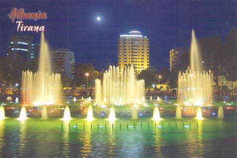 Tirana, night view with fountains – Global Postcard Sales