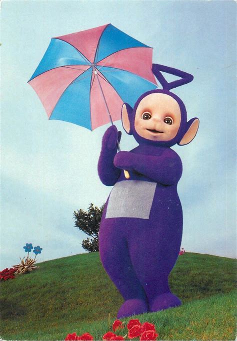 Teletubbies characters and logo postcard Tinky Winky with umbrella ...