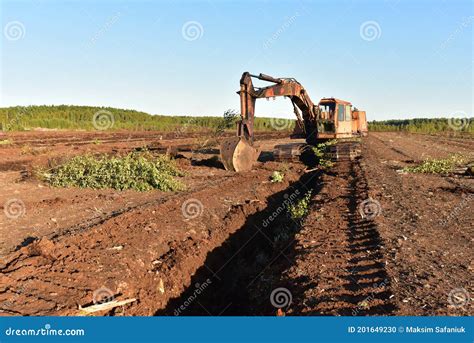 Excavator Digging Drainage Ditch in Peat Extraction Site. Drainage of Peat Bogs and Destruction ...