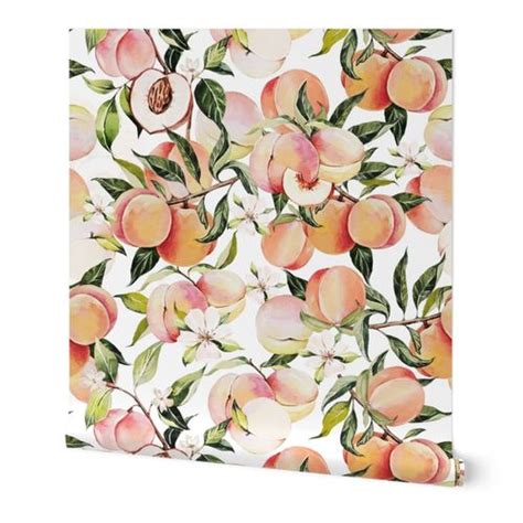 Large / Peach Orchard / White - Summer, Wallpaper | Spoonflower