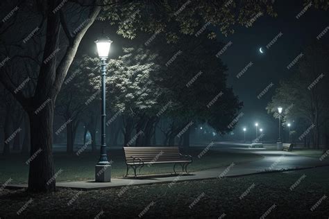 Premium Photo | Empty public park at night with illuminated light on and bench