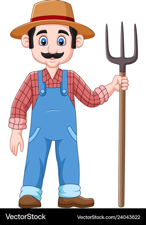 Cartoon farmer holding a pitchfork Royalty Free Vector Image