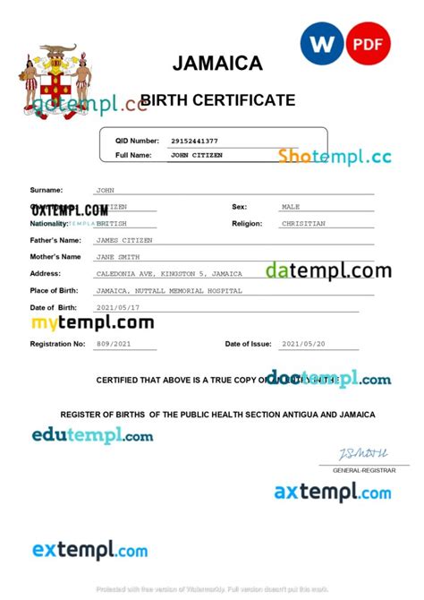 Jamaica vital record birth certificate Word and PDF template, completely editable