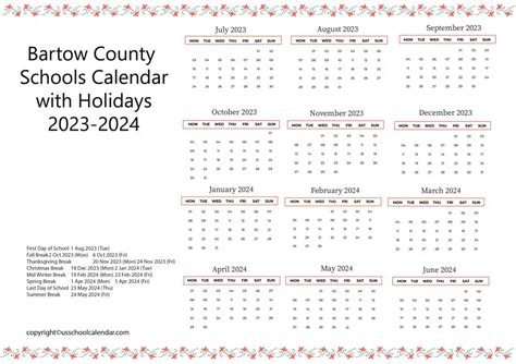 Bartow County Schools Calendar with Holidays 2023-2024