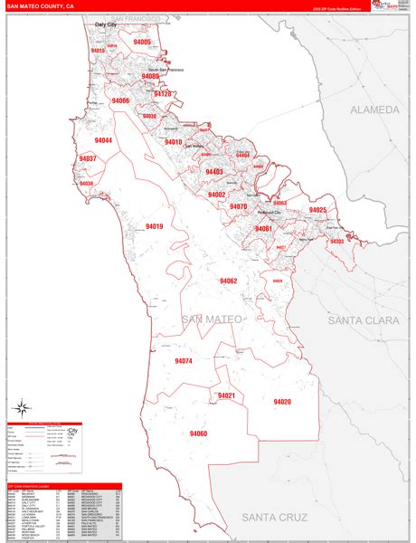 San Mateo County, CA Zip Code Wall Map Red Line Style by MarketMAPS ...