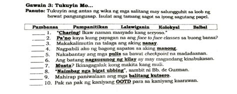 Pagsasanay Panuto Tukuyin Ang Antas Ng Wika Ng Mga Salita Gayahin My ...