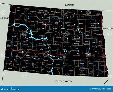 Detailed North Dakota Road Map with Labeling. Stock Vector ...