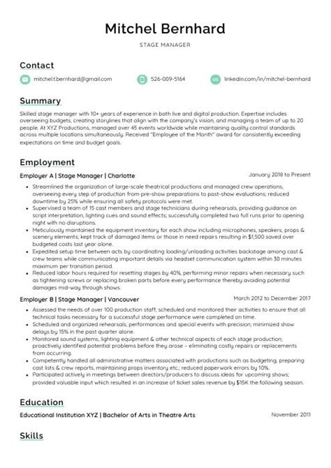 Stage Manager Resume (CV) Example and Writing Guide