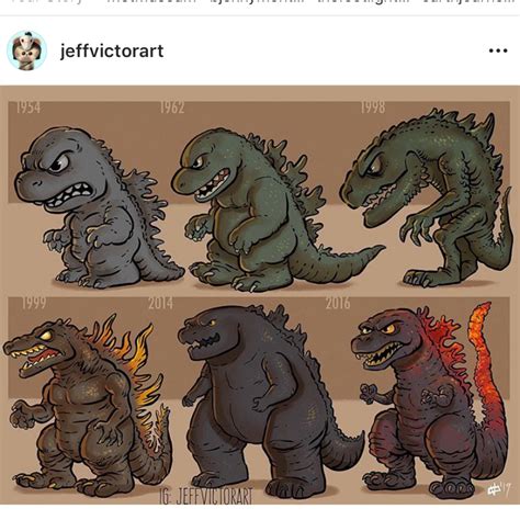 Evolution of Godzilla. Credit to @jeffvictorart on Instagram. : r/GODZILLA