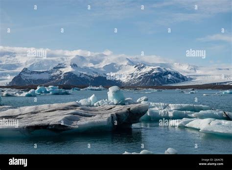 Photograph of Jökulsárlón Ice Lagoon, a lagoon formed by melt water from Breiðamerkurjökull ...