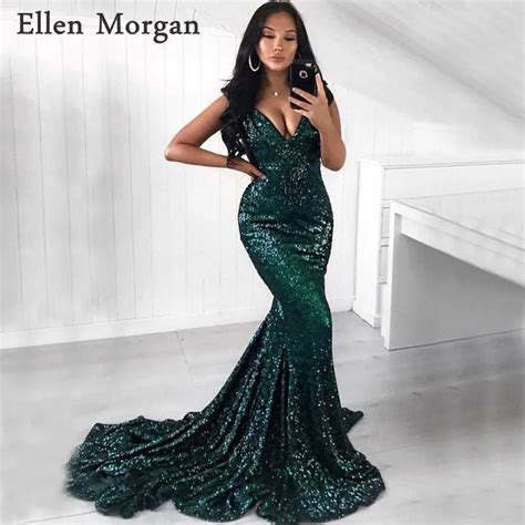 Dark Green Long Mermaid Prom Dresses for African Black Girls Vestido De Festa V Neck Court Train ...