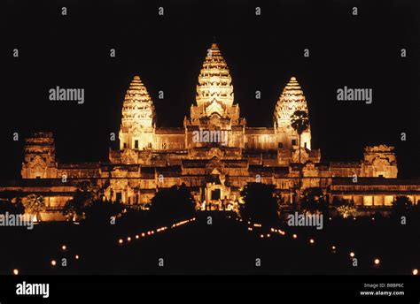 Cambodia, Siem Reap, Ancient Khmer temple Angkor Wat at night Stock ...